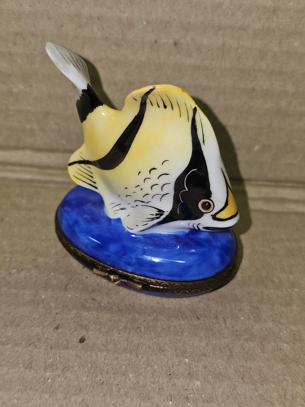 Limoges Yellow and Black Angelfish Trinket Box on Blue Base